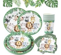 96 Piezas Safari Platos y Vasos Para Cumpleaños, Jungle Animals Party Vajilla, Vajilla Cumpleaños Infantil, Cubiertos Desechables, para Baby Shower, Fiesta Cumpleaños, Aniversario(24 Invitados)