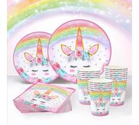 96 Piezas Unicornio Vajilla Fiesta Cumpleaños, Platos y Vaso Cumpleaños Infantil, Set de Party Decoración Platos Desechable Servilletas para niñas Fiestas de Cumpleaños, Baby Shower - 24 Invitados