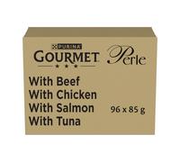 96 sobres x 85 g Gourmet Perle Mini Filetes en Salsa con Buey, Pollo, Salmón y atún Sobre para gatos