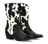 96341 Botin campero con Estampado Animal, Diseno de Vaca, Punta Fina, Tacon Comodo y Cierre de Cremallera. Ideal para Mujer en la Temporada Otono Invierno. Negro Talla 37