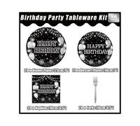 96pcs Black and Silver Birthday Plates and Napkins Set Black and White Happy Birthday Party Decorations