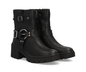 97576 Botin de mujer estilo biker con cana media y cierre lateral de cremallera. Doble hebilla decorativa con aros metalicos. Suela gruesa con tacon ancho. Ideal otono invierno. Negro Talla 36
