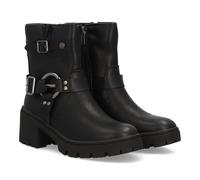 97577 Botin de mujer estilo biker con cana media y cierre lateral de cremallera. Doble hebilla decorativa con aros metalicos. Suela gruesa con tacon ancho. Ideal otono invierno. Negro Talla 37