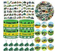 98 piezas de recuerdos de fiesta de tractor, temática de tractor, suministros de fiesta de cumpleaños, decoración de tractor pulsera de goma, llaveros, pin de botón, calcomanías de para