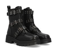 98322 Botines para mujer con suela de plataforma, adornado con multiples tiras decorativas con hebillas y tachuelas metalicas, con cierre de cremallera. Ideal para Otono Invierno. Negro Talla 39