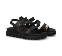 99204 Sandalias de mujer con diseno de tiras anchas entrelazadas, tira trasera con cierre de hebilla, adorno metalico y sujecion en el dedo gordo. Suela plana y acolchada. Ideal verano. Negro Talla 40