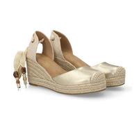 99459 Sandalia Valenciana de Cuna para Mujer Estilo Alpargata, Punta Cerrada, Talon Abierto, Diseno Artesanal con Cierre de Cuerdas con Abalorios. Suala Acolchada Ideal Primavera Verano. Oro Talla 36