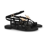 99506 Sandalia plana romana diseno de estrella de mar en empenie. Detalle metalico, cierre de hebilla, estructura de tiras finas y planta acolchada, ideal para mujer primavera verano Negro Talla 39