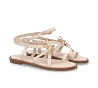 99514 Sandalia plana romana diseno de estrella de mar en empenie. Detalle metalico, cierre de hebilla, estructura de tiras finas y planta acolchada, ideal para mujer primavera verano Beige Talla 40