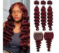 99J Bundles Ombre Loose Deep Wave Human Hair Bundles Wine Red Curly Wave 3Bundles Brazilian Human Hair And 4X4 Free Part Lace Closure for Black Women (12 14 16 12) Inch,16 18 20+16 inch
