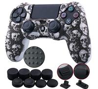 9CDeer 1 Pieza de Siliconas Tachonado Transferencia de Agua Protector Manga Caso Cubierta Piel Cover Skin + 8 Thumb Grip + 2 a Prueba de Polvo Tapones para Mando PS4/Slim/Pro, Cráneo Negro