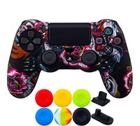 9CDeer 1 x Silicona Transferir Impresión Protector Cubrir Piel + 6 Apretones de Pulgar y Tapones a Prueba de Polvo para PS4/Slim/Pro Dragón Negro