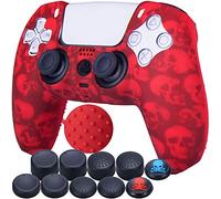 9CDeer 1 x Silicona Transferir Impresión Protector Grueso Cubrir Piel + 10 Apretones de Pulgar para Playstation 5 / PS5 Mando Cráneo rojo