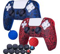 9CDeer 2 x Silicona Transferir Impresión Protector Grueso Cubrir Piel + 10 Apretones de Pulgar para PlayStation 5 / PS5 Mando Follaje Rojo & Azul
