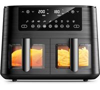 9L Freidora de Aire con Doble Cesta e Ventana, XL Dual Air Fryer sin Aceite, 2 Cajones, 9 en 1 Preajustes de Cocción, Pantalla Táctil, Funciones Inteligentes&Temporizador, Cocción Rápida y Saludable