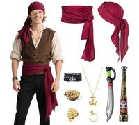 9pcs Accessoires Pirate, Accessoire Deguisement Pirates, Ceinture Bijoux Cache Oeil Bandana Pirate, Accessoires Halloween Adulte pour Carnaval Fête Cosplay (Rouge)