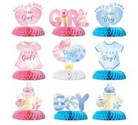 9Pcs Centros Mesa Decoración Baby Shower Toppers Gender Reveal Revelación de Género Bebé Niño o Niña Unisex Fiesta Anuncio Embarazo Girl or Boy Papel Panal Nido Abeja 3D (Rosa y Azul)