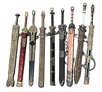 9PCS Mini Espada 4.7 Llavero de Espada Antigua Llavero de Aleación de Zinc con Patrón de Decoración de Vaina Antigua Modelo de Hoja Sin Cortar para Hombres y Mujeres