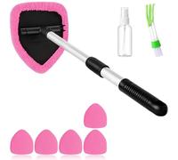 9pcs Windshield Cleaner Tool, Extendable Handle Inside Windshield Cleaning Tool with 6 Microfiber Pads & Spray Bottle for Dirty Car Detailing Supplies (Pink)
