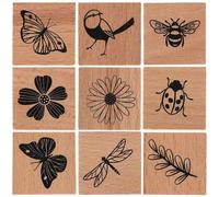 9uds Sellos de Goma Vintage Madera, Sellos Madera Decorativos con Diseño de Flores Mariposas Mariquitas Libélulas Abejas y Pájaros para Scrapbooking Periodismo y Manualidades