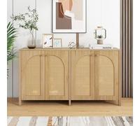 A ALFRESCOOL Aparador moderno en estilo minimalista de 4 puertas de ratán, asa de metal, sencillo buffet para comedor, salón, cocina (madera natural)