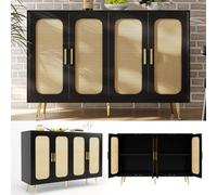 A ALFRESCOOL Armario de almacenamiento de pared lateral de ratán, armario de almacenamiento de madera hecho a mano, armario independiente, cocina de madera, hogar, salón, negro, 120 x 30 x 89 cm