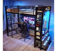 A ALFRESCOOL Cama alta juvenil 90 x 200 cm, litera con escritorio, barra de secado, luz LED y enchufe USB + enchufe tipo C, estructura de cama con protección anticaídas y escalera, sin colchón (negro)