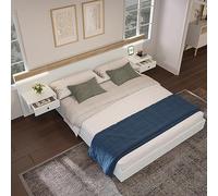 A ALFRESCOOL Cama doble de 140 x 200 cm, cama de madera con 2 cajones LED y enchufe USB C, cabecero con luz de lectura, dormitorio completo, juego en roble Sonoma, sin colchón (blanco-2)