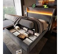 A ALFRESCOOL Cama hidráulica de 160 x 200 cm con cabecero alto, cama tapizada, cama doble con iluminación LED, estructura de cama juvenil con espacio de almacenamiento y conexiones USB/tipo C, sin