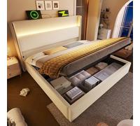 A ALFRESCOOL Cama hidráulica de 160 x 200 cm con cabecero alto, cama tapizada, cama doble con iluminación LED, estructura de cama juvenil con espacio de almacenamiento y conexiones USB/tipo C, sin