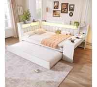A ALFRESCOOL Cama infantil de 140 x 200 cm, cama juvenil con escritorio, cama de día, cama de día acolchada con puertos USB y cinturón LED, cama funcional con cama nido, sin colchón (blanco)