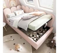A ALFRESCOOL Cama tapizada, 90 x 190 cm, sofá cama con almacenamiento hidráulico, cama infantil con somier de láminas de metal, terciopelo, rosa, sin colchón