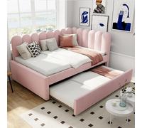 A ALFRESCOOL Cama tapizada en forma de L, sofá cama de 140 x 200 cm con respaldo de flores y cama nido en terciopelo beige (rosa)