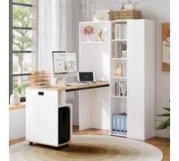 A ALFRESCOOL Escritorio plegable, escritorio de esquina, escritorio abatible con estantes 2-en-1, con enchufe/USB, altura ajustable, protección antivuelco, 104.5×30.5×160cm (Blanco+Roble)