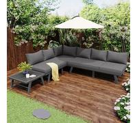 A ALFRESCOOL Juego de salón de jardín para 5-6 personas, 2 sofás de 3 plazas, 1 mesa, incluye 7 cojines grises, estructura de hierro galvanizado gris oscuro con patas protectoras