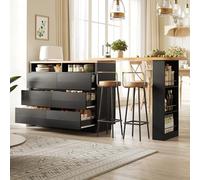 A ALFRESCOOL Mesa De Bar Extensible Con Espacio De Almacenamiento, Mesa Alta Con Isla De Cocina Móvil Con Seis Cajones Para Cocina, Sala De Estar, Comedor, 137-215 X 39 X 102.3 Cm, Color Negro