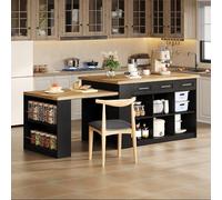 A ALFRESCOOL Mesa de comedor extensible, isla de cocina, mesa de bar, encimera/mesa con vetas de madera laminada, armarios de almacenamiento integrados, para cocina, comedor, 246 × 90 × 90 cm (negro)