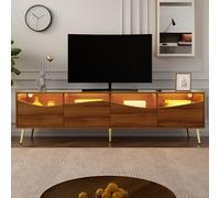 A ALFRESCOOL Mueble de TV, mueble de salón, mueble de TV, elegante mueble bajo con iluminación LED, patas de metal doradas, frontal de cristal y varios compartimentos de almacenamiento y