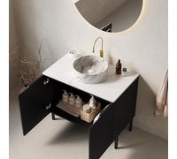 A ALFRESCOOL Tocador de baño independiente con lavabo de cerámica ovalado a rayas, encimera de piedra Carrara sinterizado blanco, armario a rayas con puertas dobles, 76 x 48 x 87 cm (negro)