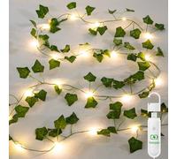 A.bigwhale Cuerda de luces recargable con temporizador, hiedra artificial, con 20 LED, batería, carga USB, 8 modos, blanco cálido, 2 m, para interiores y exteriores, primavera, boda, fiesta, balcón