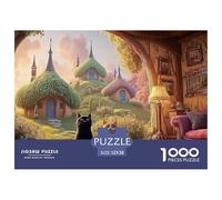 A Black Cat Sits on The Red Sofa 1000 Piece Papel Premium Rompecabezas Pastel Cats & Hobbit Style House Desafiante Jigsaw Decoración Adultos 52x38cm/1000pcs