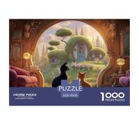 A Black Cat Sits on The Red Sofa 1000 Piece Papel Premium Rompecabezas Pastel Cats & Hobbit Style House Desafiante Jigsaw Decoración Adultos 70x50cm/1000pcs