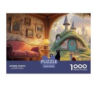 A Black Cat Sits on The Red Sofa 1000 Piezas Corte Preciso Rompecabezas Pastel Cats & Hobbit Style House Vibrante Jigsaw Educativo Niños 70x50cm/1000pcs