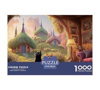 A Black Cat Sits on The Red Sofa 1000 Piezas Papel Premium Rompecabezas Pastel Cats & Hobbit Style House Alivio Estrés Jigsaw Educativo Amigos 38x26cm/1000pcs