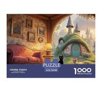 A Black Cat Sits on The Red Sofa 1000 Pzas Corte Preciso Rompecabezas Pastel Cats & Hobbit Style House Vibrante Jigsaw Regalo Niños 52x38cm/1000pcs