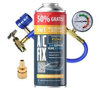 A/C FIX Recambio Gas R1234yf 3in1 con Manguera y Adaptador manometro - Kit Recarga Aire Acondicionado Coche 1x235 g - Sustituto del refrigerante R1234yf - Botella refrigerante Coche Eco