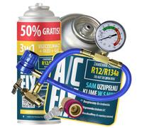 A/C FIX Recambio Gas R134a R12 3in1 con Manguera y Adaptador manometro - Kit Recarga Aire Acondicionado Coche 1x235 g - Sustituto del refrigerante - Gas Aire Acondicionado Coche - Eco