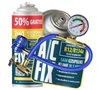 A/C FIX Recambio Gas sustituto R134a sustituto R12 3in1 con Manguera - manometro - Kit Recarga Aire Acondicionado Coche 1x235 g - Sustituto del refrigerante - Gas Aire Acondicionado Coche - Eco