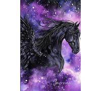A Celestial Journal of Strength and Serenity: A Magical Notebook Featuring a Winged Black Friesian Horse, Purple Sky, and Watercolor Starry Night
