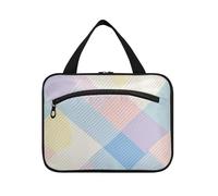 A Closeup of The Gingham Pattern Hanging Travel Makeup with Hook - Bolsa de maquillaje colgante expandible para mujer, estuche de hotel para maquillaje, L